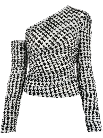 David Koma Houndstooth-print One-shoulder Top In White