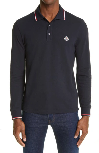 Moncler Patch-detail Long-sleeved Polo Shirt In Navy