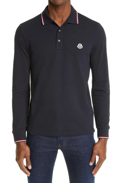 Moncler Patch-detail Long-sleeved Polo Shirt In Blue