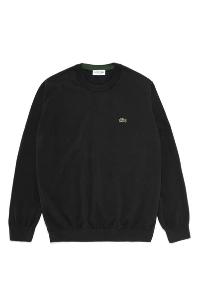 Lacoste Solid Cotton Jersey Crewneck Sweater In Black