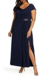 Alex Evenings Cowl Neck Beaded Waist Gown In Navy