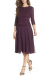 Alex Evenings Mock Two-piece Tea Length Dress In Deep Plum