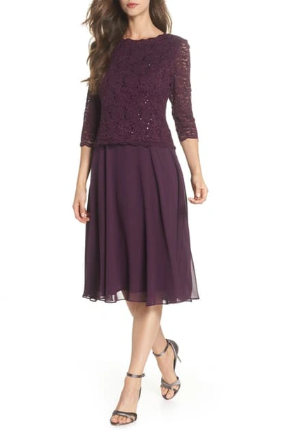 Alex Evenings Mock Two-piece Tea Length Dress In Deep Plum