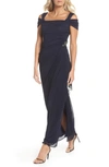 Alex Evenings Embellished Cold Shoulder Column Gown In Navy