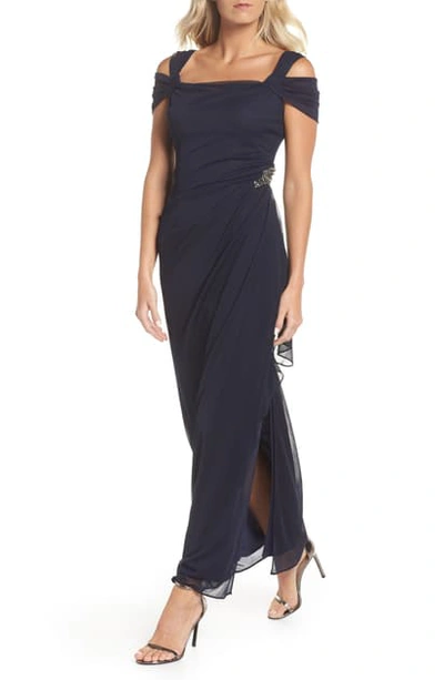 Alex Evenings Embellished Cold Shoulder Column Gown In Navy