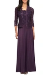 Alex Evenings Sequin Lace & Satin Gown With Jacket In Eggplant