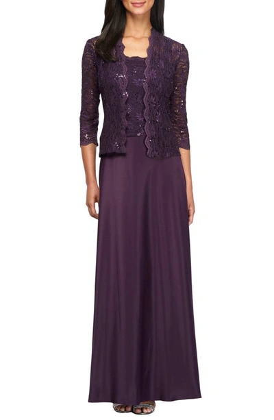 Alex Evenings Sequin Lace & Satin Gown With Jacket In Eggplant