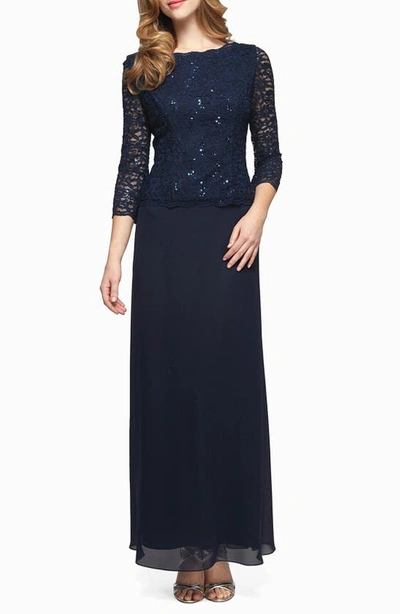 Alex Evenings Sequin Lace & Chiffon Gown In Navy