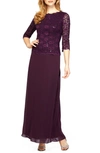 Alex Evenings Plus Sequined Scalloped Edge Lace Top Gown In Deep Plum