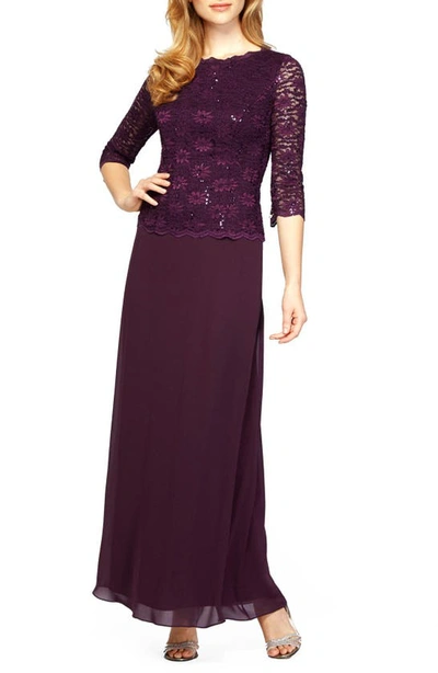 Alex Evenings Plus Sequined Scalloped Edge Lace Top Gown In Deep Plum