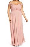 Dessy Collection Lux Chiffon Off-shoulder Sweetheart A-line Gown In Desert Rose