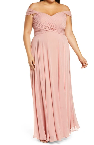 Dessy Collection Lux Chiffon Off-shoulder Sweetheart A-line Gown In Desert Rose