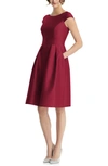 Alfred Sung Bateau-neck Cap-sleeve Pleated Skirt Sateen Twill Dress W/ Pockets In Burgundy Red