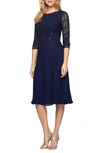 Alex Evenings T-length Lace And Chiffon Mock Two Piece Dress In Navy Blue