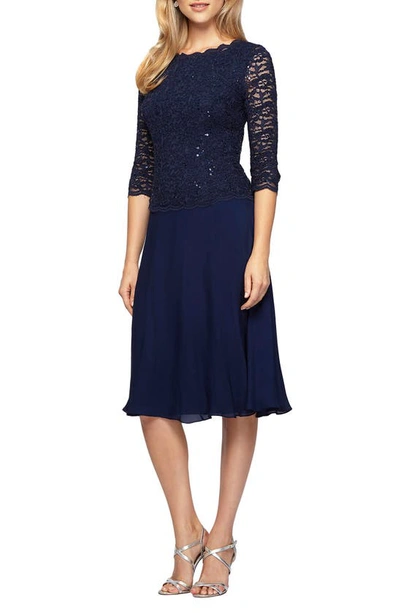 Alex Evenings T-length Lace And Chiffon Mock Two Piece Dress In Navy Blue