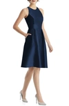 Alfred Sung High-neck Satin Cocktail Dress With Pockets In Blue