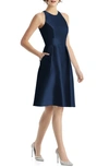 Alfred Sung High-neck Satin Cocktail Dress With Pockets In Midnight