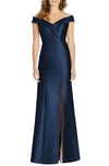 Alfred Sung Off-the-shoulder Draped Wrap Satin Maxi Dress In Blue