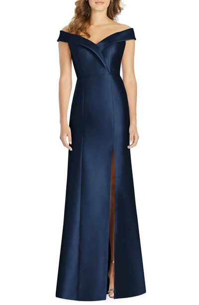 Alfred Sung Off-the-shoulder Draped Wrap Satin Maxi Dress In Midnight Navy