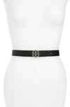 Tory Burch Reversible Leather Logo Belt In Black/ Silver