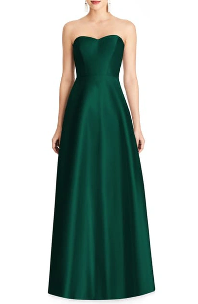 Alfred Sung Strapless Satin A-line Gown In Hunter