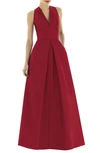 Alfred Sung Sleeveless Pleated Skirt Dupioni Dress With Pockets In Barcelona Red