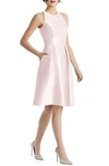 ALFRED SUNG JEWEL NECK SATIN COCKTAIL DRESS,D769