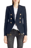 Balmain Black Double-breasted Jacket With Branded Buttons And Asymmetric Cut In Wool Woman In Marine Blue