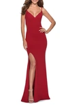 La Femme Slinky Ruched Evening Gown Dress In Deep Red In Red