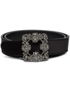 Manolo Blahnik Black Hangisi Crystal Buckle Leather Belt In Black