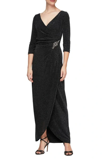 Alex Evenings Surplice Metallic Knit Dress In Black
