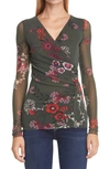 FUZZI FLORAL RUCHED LONG SLEEVE TOP,F01589-10056