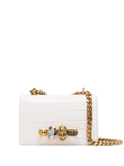 Alexander Mcqueen Mini Jeweled Croc Embossed Shoulder Bag In White