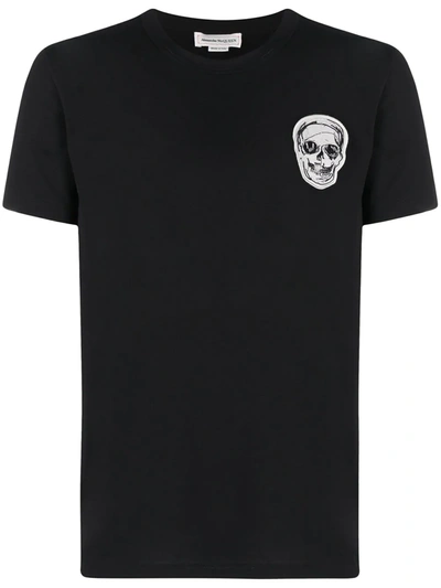 Alexander Mcqueen Skull Embroidered Cotton T-shirt In Black,silver,metallic