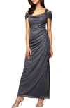 ALEX EVENINGS COLD SHOULDER RUFFLE GLITTER CHIFFON GOWN,133026