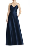 Alfred Sung V-neck Full Skirt Satin Maxi Dress In Midnight