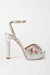 AQUAZZURA TEQUILA PLATEAU 120 CRYSTAL-EMBELLISHED METALLIC LEATHER PLATFORM SANDALS