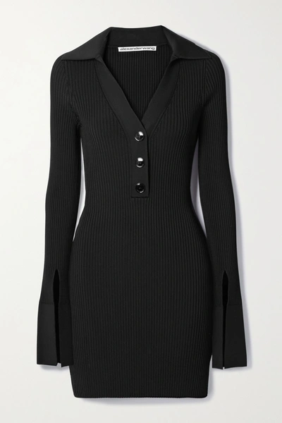 Alexander Wang Split-sleeve Rib-knit Mini-dress In Black