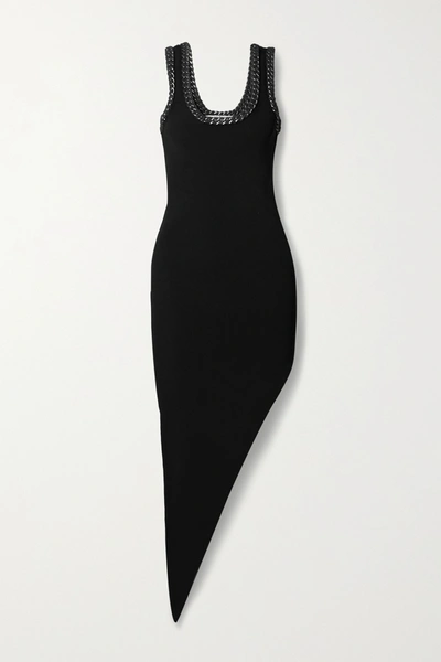 Alexander Wang Asymmetric Chain-embellished Mesh-trimmed Stretch-knit Dress In Black