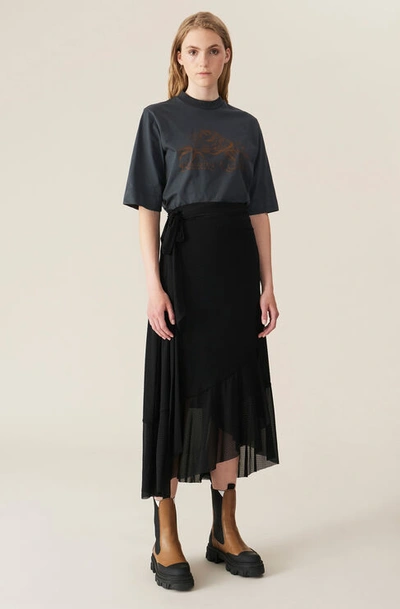 Ganni Dotted Mesh Wrap Midi Skirt In Black