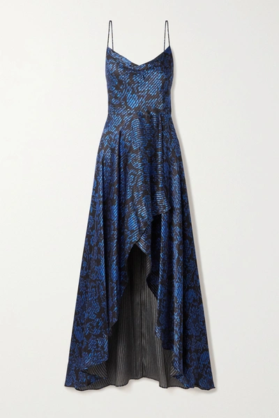 Alice And Olivia Christina Asymmetric Floral-print Burnout Satin Slip Dress In Blue
