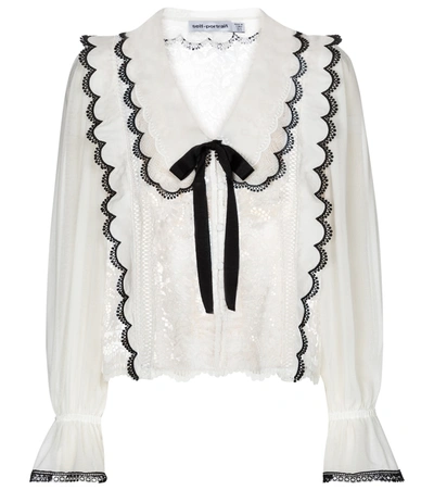 Self-portrait Lace-trimmed Crepe-chiffon Shirt In White