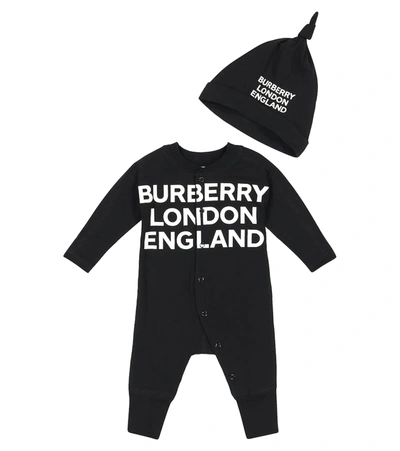 Burberry Baby弹力棉质连身衣和帽子套装 In Black
