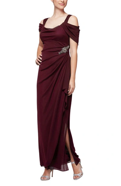 ALEX EVENINGS ALEX EVENINGS EMBELLISHED COLD SHOULDER COLUMN EVENING GOWN,132902