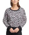 DKNY LEOPARD CREWNECK CONTRAST TRIM SWEATER