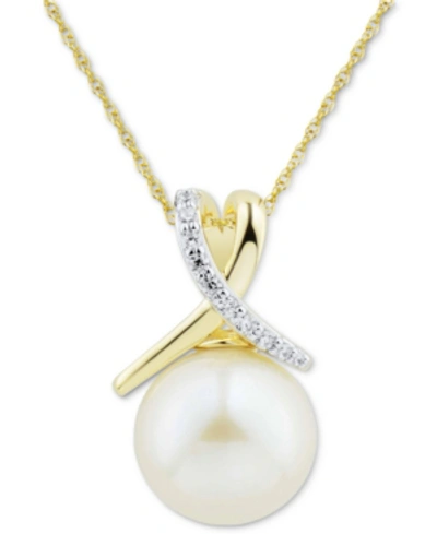 Honora White Cultured Ming Pearl (12mm) & Diamond (1/10 Ct. T.w.) Twist 18" Pendant Necklace In 14k Gold In Yellow Gold