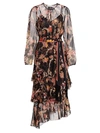 ZIMMERMANN WAVELENGTH FLORAL TIERED RUFFLE TIE-WAIST SILK MIDI DRESS,400012220629