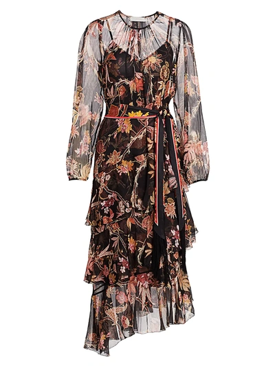 Zimmermann Wavelength Floral Tiered Ruffle Tie-waist Silk Midi Dress In Black Phoenix
