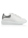 Alexander Mcqueen Men's Oversized Leather Sneakers W/ Metallic Croc-embossed Back In Ivory/silv