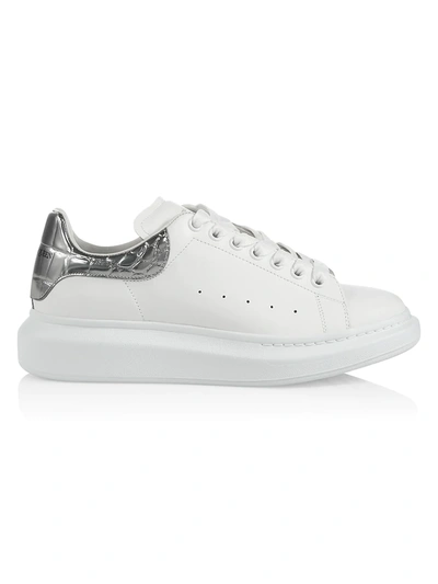 Alexander Mcqueen Men's Oversized Leather Trainers W/ Metallic Croc-embossed Back In Ivory/silv